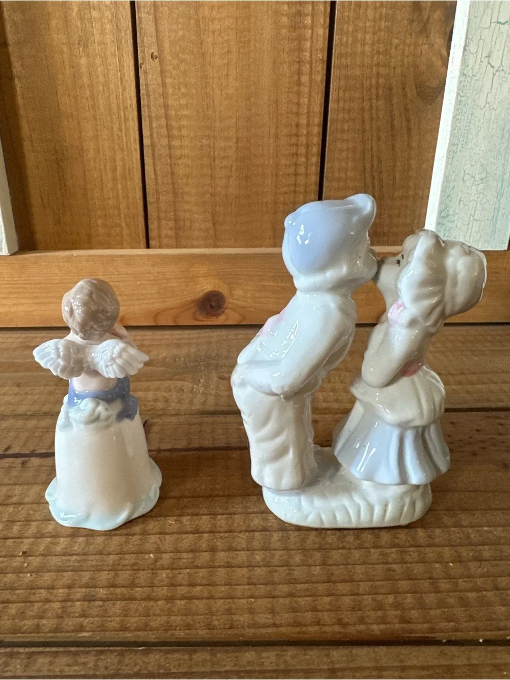 Porcelain Kissing Couple and Cherub Figurines - White with Pink Accents